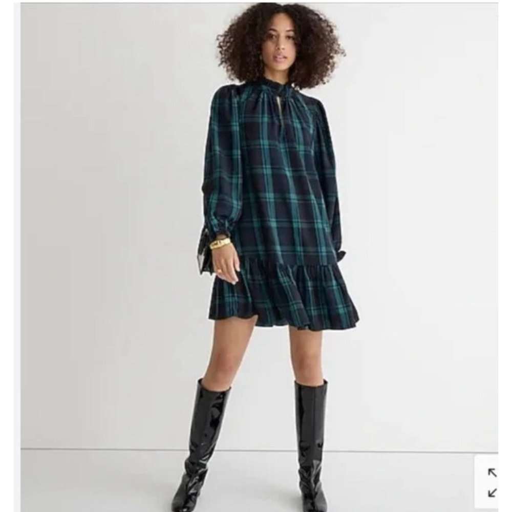 J.Crew Black Watch Plaid Ruffle Neck Tiered Mini Dress Green Navy Blue Small